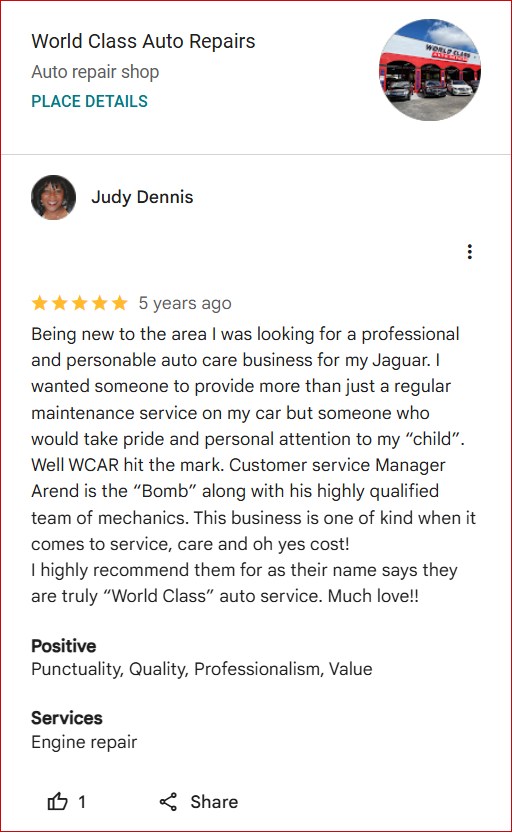 Review of World Class Auto Repairs By Judy Dennis